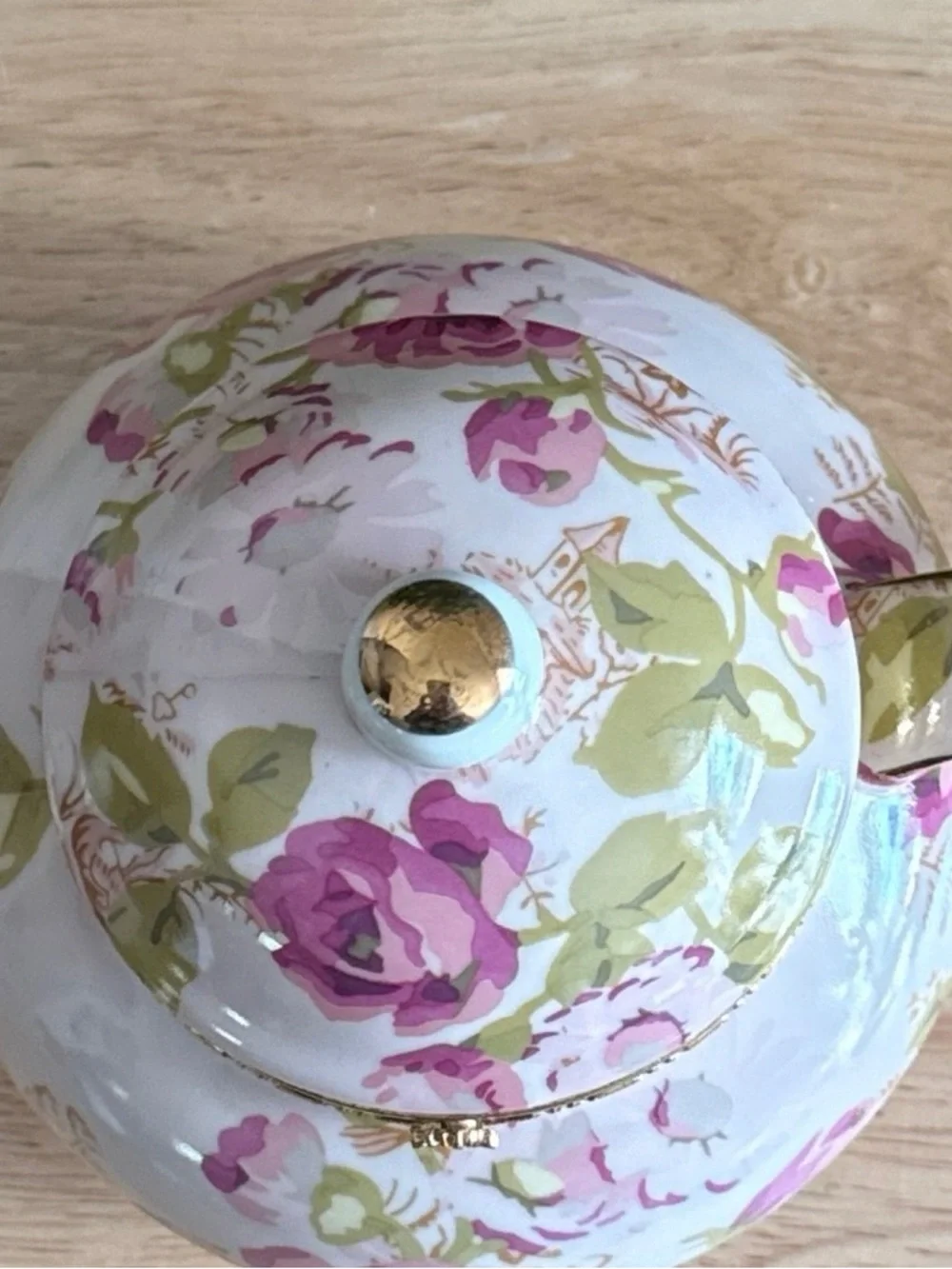 BAUM Asian Rose Collection Hinged Lid Porcelain Teapot Trinket Box Pink Floral